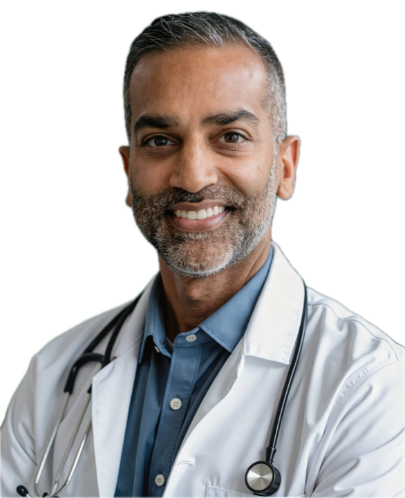 Nilesh Desai, M.D., in a white coat with a stethoscope